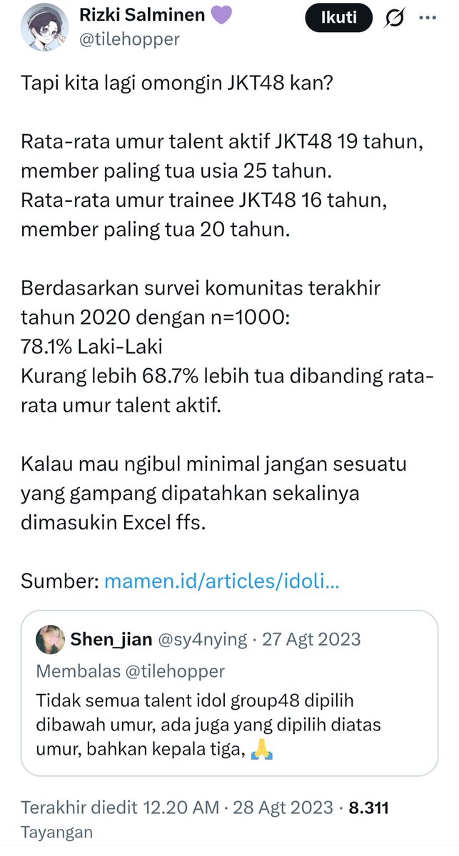 sy4nying's tweet photo. @kunoahmin konteks : Dia lagi ngekritik usia member JKT48 dan bahas idol jepang dikit. gue cuma ngasih funfact soal idolgrup48, tapi balasannya malah kek gue yang nyerang kritik dia.

kata gue mah siapa yang ngibul siapa yang gak bisa baca? idolgroup48 kagak JKT48 doang isinya  😭 https://t.co/QiIEjovwW7