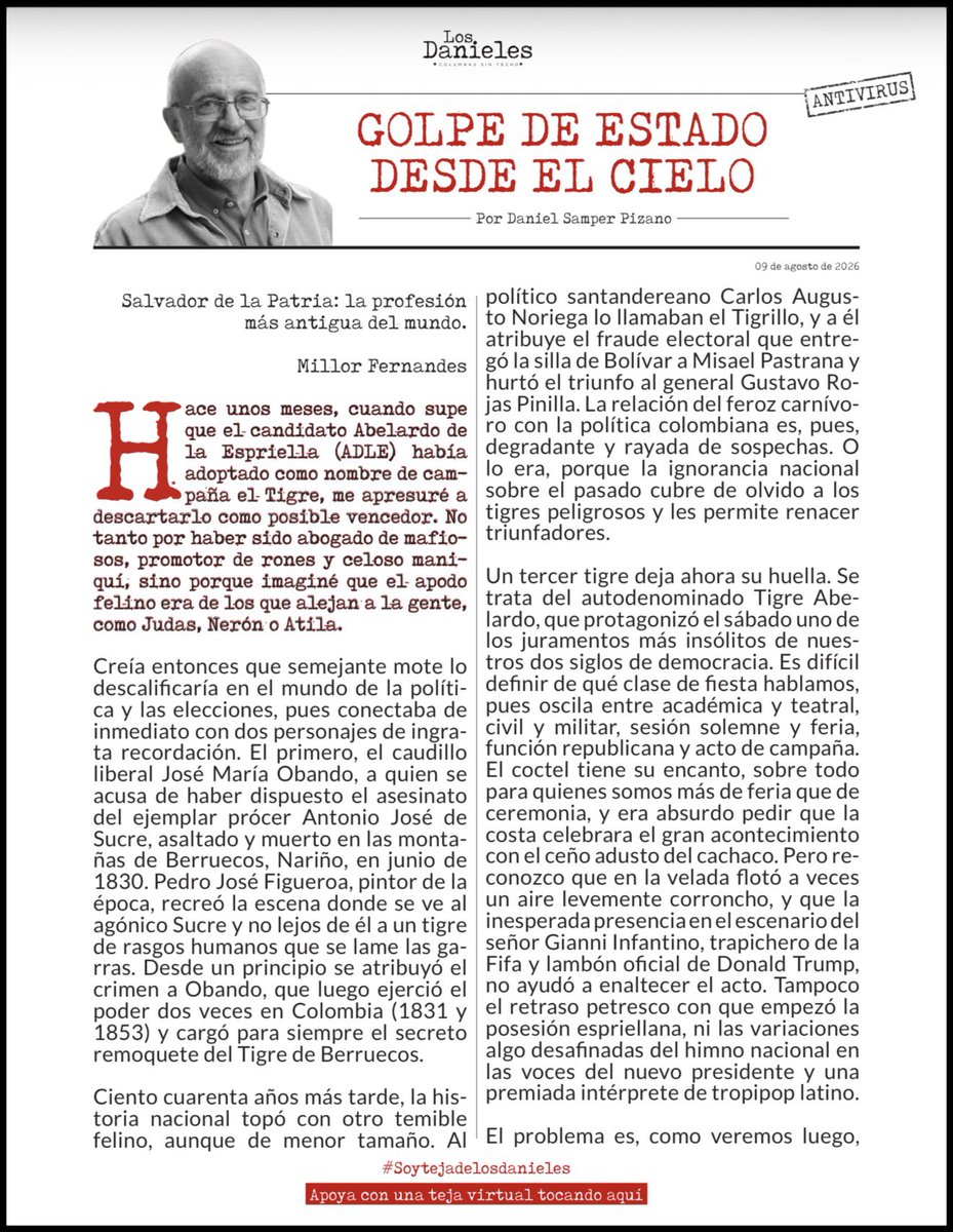 cesarusa5's tweet photo. #GolpeDeEstadoDesdeElCielo por @DanielSamperPi Un tercer tigre deja ahora su huella. Se trata del autodenominado Tigre Abelardo, que protagonizó el sábado uno de los juramentos más insólitos de nuestros dos siglos de democracia. #LosDanieles @losdanieles https://t.co/oU6Z9BbGS9