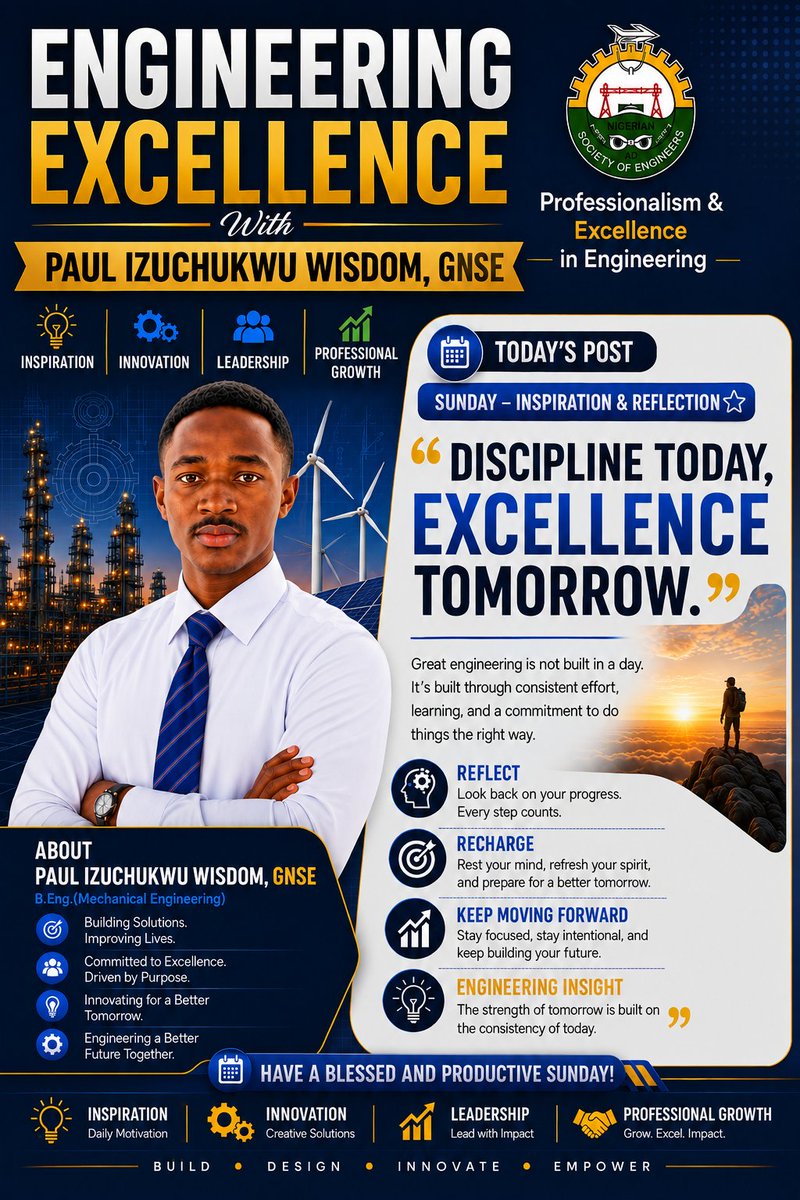 mgwizzz's tweet photo. Discipline today. Excellence tomorrow.

Great engineers are built through consistency, learning, integrity and continuous improvement.

Reflect. Recharge. Refocus. Keep moving forward.

#EngineeringExcellence #ProfessionalGrowth #Leadership #Innovation #SundayInspiration https://t.co/lKHTp5iBvi