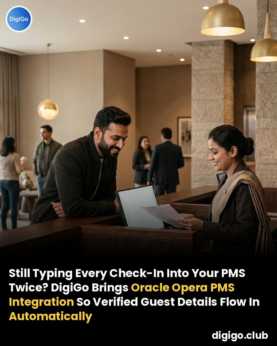 digigoclub's tweet photo. Does your hotel check-in software talk to your PMS?
DigiGo, India's digital check-in and KYC platform for hotels, offers Oracle Opera PMS integration, so verified check-in details flow straight into Oracle Opera and OWS. No double entry.

 https://t.co/S6Cu4NkrDV 

#Opera https://t.co/NyOgobIzxq