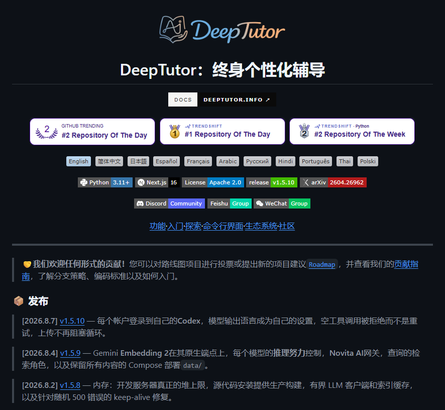 Huahuazo's tweet photo. 说实话，我一开始压根没觉得这玩意儿能比通用AI强到哪去，直到把手里那堆论文和笔记全喂进去之后——好家伙，我是真服了。港大搞的这个DeepTutor，GitHub都快冲到3万星了，确实有点东西。

它跟我用过的那些一问一答机器人完全不是一回事。你只管把教材、论文、笔记全丢进去，它就老老实实照着你的资料来：

1️⃣ 解题的时候把推理链条给你掰开揉碎了讲，一步步清清楚楚
2️⃣ 自动出题还带批改，完了再给你生成针对性的练习
3️⃣ 碰上复杂主题直接帮你调研，最后整理成结构化的报告
4️⃣ 抽象概念一键转成图表、动画、互动内容
5️⃣ 全程记着你的进度和薄弱环节，动态调整学习路线

支持各种RAG引擎、本地模型、Skills和长期记忆，Docker一键自托管，Apache 2.0开源。怎么说呢，比你干巴巴地问通用AI靠谱多了，人家是真能摸清你学到哪了。
🔗 https://t.co/cWIgB0vaqb
