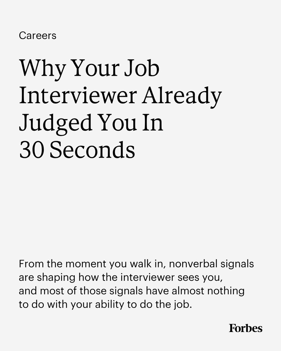 Forbes's tweet photo. Research shows a first impression is formed within seconds. Learn how snap judgments shape hiring and what candidates and managers need to do about it. https://t.co/6XQ7OhJHfa https://t.co/Engug3wyYz
