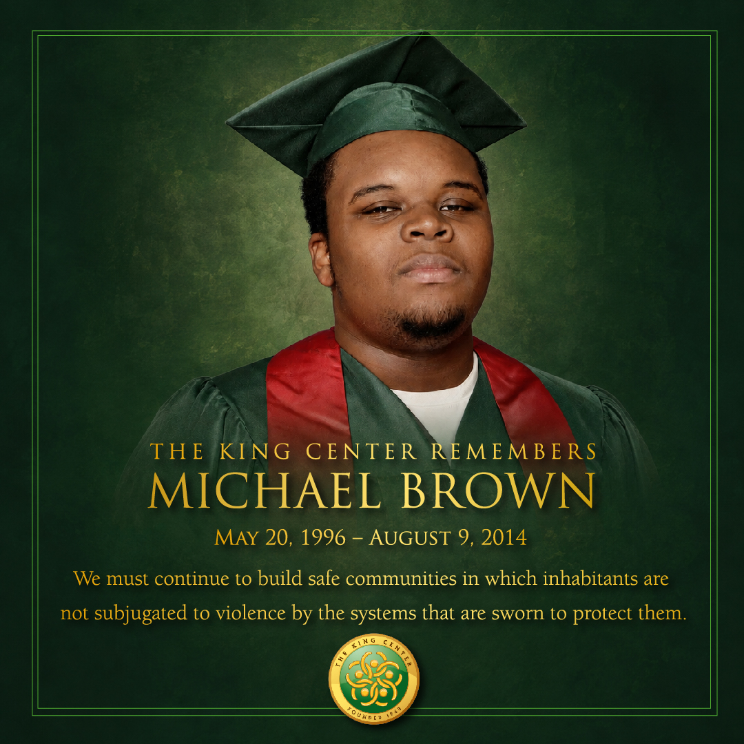 TheKingCenter's tweet photo. Twelve years ago today, Michael Brown, an unarmed Black teenager, was shot and killed by a police officer Darren Wilson in Ferguson, Missouri. After Wilson killed Michael, his body remained in the middle of Canfield Drive for four hours. What a painful image that was seared into our consciences and deepened the grief, outrage, and questions surrounding his death.

Today, we remember Michael Brown. We remember his family, whose grief did not end after the headlines faded. We remember the Ferguson community and all those who have carried the weight of loss while continuing to pursue justice.

Remembering is not about reliving the past for its own sake. It is about refusing to become indifferent to the taking of human life or desensitized to the conditions that continue to produce injustice. The King Center calls us to reject violence in every form, embrace the philosophy and methodology of Kingian nonviolence (Nonviolence365), and build the Beloved Community.

#MikeBrown #MichaelBrown #TheKingCenter #BelovedCommunity