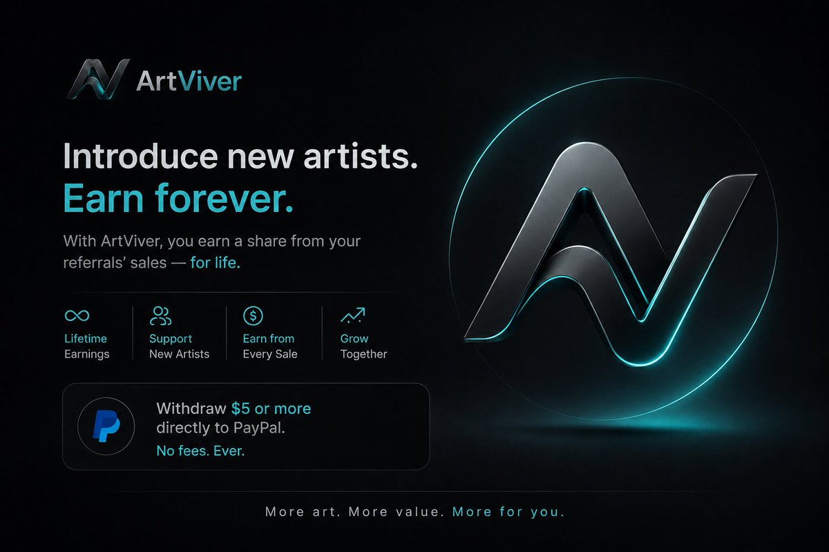 ArtistViver's tweet photo. "ArtViver has a way for you to always get a share of the sales when you introduce a new artist — not a one-time sign-up bonus, but an ongoing income. You can deposit $5 or more directly into your PayPal account, with no fees."👉https://t.co/C5OdZq9UcQ https://t.co/QNiVjFVKsK