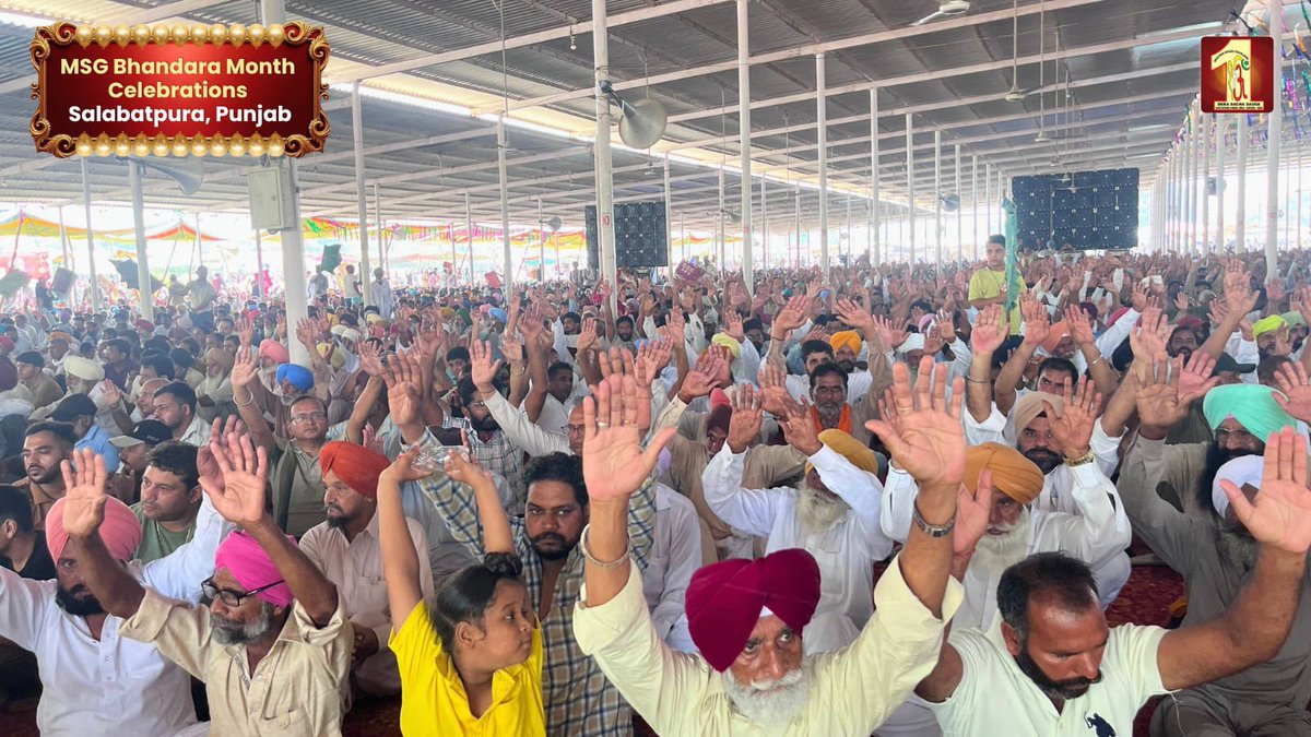 DSSNewsUpdates's tweet photo. The sacred 59th MSG Bhandara Month was joyfully celebrated at Shah Satnam Ji Ruhani Dham, Rajgarh, Salabatpura today. This special occasion marks the Incarnation Month of revered Saint Dr. Gurmeet Ram Rahim Singh Ji Insan. 

With hands folded in reverence and hearts full of gratitude, thousands of devotees gathered for the glorious celebrations. Attending and absorbing the divine shabads and sacred sermons, everyone learned the true significance of meditating with a pure heart and its endless benefits. 

To mark this pious occasion, 59 destitute children were blessed with summer clothes as part of Dera Sacha Sauda's humanitarian initiatives. 👕👗

Watch the beautiful glimpses of these divine celebrations! 🎥👇

#MSGBhandara #SaintDrMSG #RamRahim #GurmeetRamRahimSingh #DeraSachaSauda #Celebrations #Salabatpura