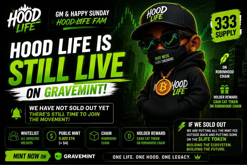 thebigmoses01's tweet photo. GM & Happy Sunday, HOOD LIFE Fam ☀️🏙️

Just a quick reminder: HOOD LIFE is still LIVE on GraveMint and we haven’t sold out yet. 👀

If you’ve been waiting to mint, there’s still time to secure yours and join the movement.

🔗 Mint here: https://t.co/zmzO1GCSCA

333 supply. The journey continues. 💚
One Life. One Hood. One Legacy. 🫡
#HOODLIFE #NFT #GraveMint #RobinhoodChain #Web3