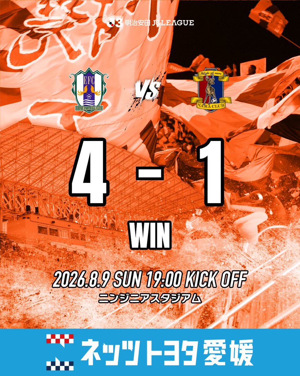 ehime_fc's tweet photo. ⚔️｜𝑭𝑼𝑳𝑳 𝑻𝑰𝑴𝑬

- ２０２６／２７明治安田Ｊ３リーグ -
🆚#奈良クラブ

愛媛 4 - 1 奈良

36' ⚽️#田村翔太
39' ⚽️#杉山耕二 
45+2' ⚽️オウンゴール
64' ⚽️#田村翔太  

#ehimefc #愛媛FC https://t.co/oEaOvE4Hp7