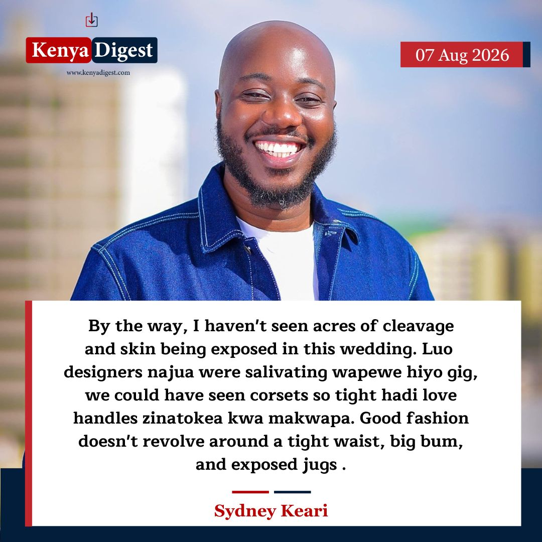 Kenya_Digest's tweet photo. By the way, I haven't seen acres of cleavage and skin being exposed in this wedding. Luo designers najua were salivating wapewe hiyo gig, we could have seen corsets so tight hadi love handles zinatokea kwa makwapa. - Sydney Keari https://t.co/slHESidvgg