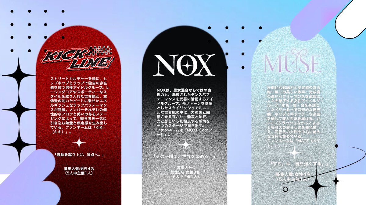 ripr_TL's tweet photo. ✶ こちらは募集ポストです ✶

✦・┈┈┈┈┈┈┈┈┈┈┈・✦

　 『NEXT RiSE PROJECT』

✦・┈┈┈┈┈┈┈┈┈┈┈・✦

✶ アイドル×交流×3L
✶ 仮CS審査制
✶ 人数固定交流型一次創作企画

募集期間:8/10（月）〜9/27（日）23:59まで

#創作企画 
#一次創作企画
#ライプロ公式 https://t.co/jcRsO07eoW