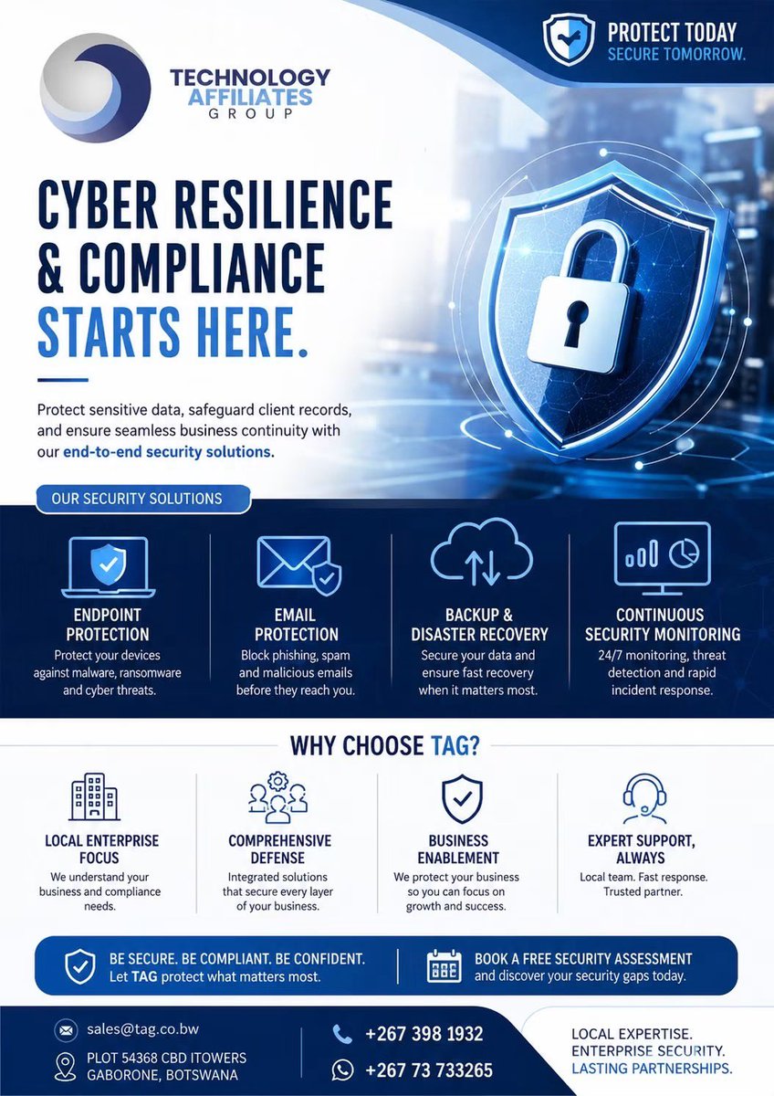 Tech_Affiliates's tweet photo. Cyber threats are growing. Is your business protected?
Protect your data, devices, and operations with TAG's end-to-end cybersecurity solutions.

✅ Endpoint Protection
 ✅ Email Security
 ✅ Backup &amp; Disaster Recovery
 ✅ 24/7 Security Monitoring

Book FREE Security Assessment! https://t.co/VT8Fjr44qK