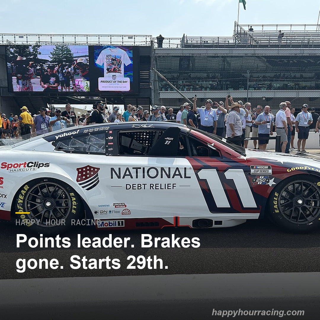 HappyHourRacin's tweet photo. Denny Hamlin leads the Cup standings by 84 points and starts 29th at Iowa today. His brake pedal went to the floor in practice. The 11 has finished 24th in both of his Iowa Cup starts. The points leader is in trouble at the worst possible time. #NASCAR #IowaCorn350 https://t.co/rzeloOVKom