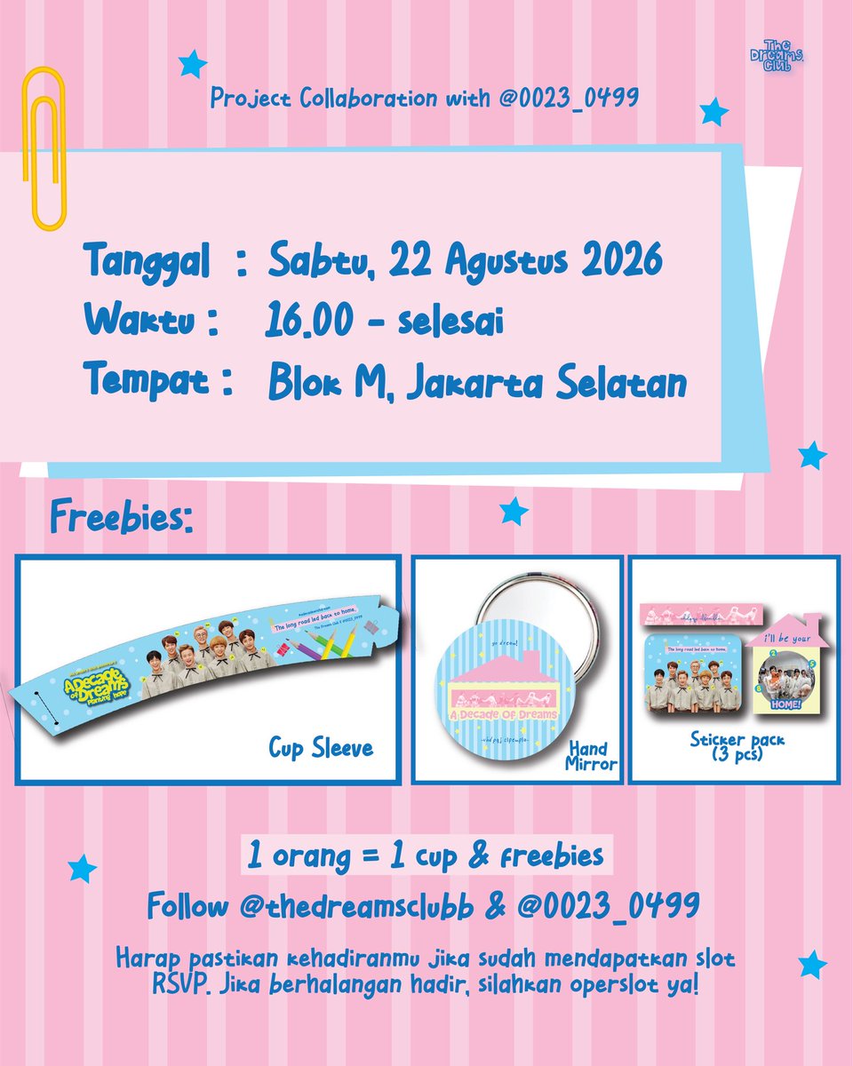 thedreamssclub's tweet photo. Free coffee event to celebrate A Decade of Dreams Planting Hope 🌈

In collaboration with @0023_0499 

🗓 Saturday, 22 August 2026
⏰ 16.00-end 
📍Blok M 

RSVP open on August 15th at 20.00 WIB

⭐️ All participants must follow
@0023_0499 and @thedreamssclub 

See you ✨ https://t.co/IbY5yXZmoJ