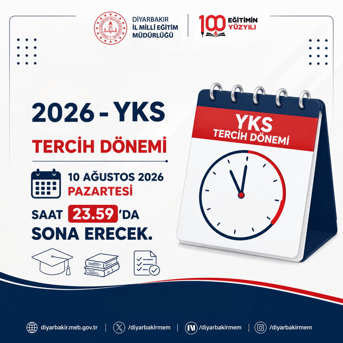 Diyarbakirmem's tweet photo. 🎓 2026-YKS Tercih Dönemi’nde Son Gün Yarın!

2026-YKS tercih işlemleri 10 Ağustos 2026 Pazartesi günü saat 23.59’da sona erecek.

Üniversite adaylarımızın, tercih işlemlerini belirtilen süre içerisinde tamamlamaları önem arz etmektedir.

@tcmeb @Yusuf__Tekin 
@vali_zorluoglu @sadoglu_salih