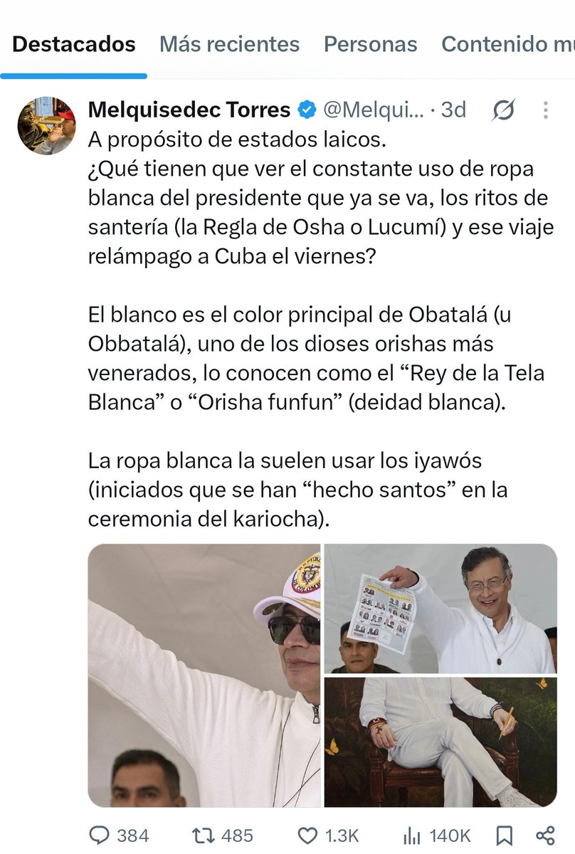 hanwenzhang1982's tweet photo. ¿Según Melquisedec, Elsa Noguera también estaría -presuntamente, por si acaso- relacionada con la santería? 

O tal vez el periodista ha construido una estadística que mide la proporción de veces que un político salga con ropa blanca. Y superado un cierto umbral, clasifica como sospechoso de santería. 

Porque me imagino que un periodista de ese talante debe formar sus opiniones en evidencias, cierto?