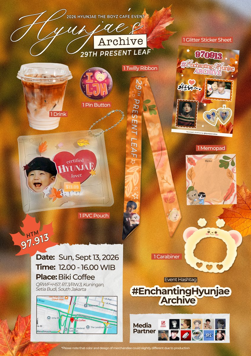 hyunjaerchive's tweet photo. 𝑻𝒉𝒆 𝒂𝒓𝒄𝒉𝒊𝒗𝒆 𝒊𝒔 𝒇𝒊𝒏𝒂𝒍𝒍𝒚 𝒐𝒑𝒆𝒏𝒊𝒏𝒈 🗃

🍁 @hyunjaerchive proudly presents:
✧ 𝑯𝒚𝒖𝒏𝒋𝒂𝒆'𝒔 𝑨𝒓𝒄𝒉𝒊𝒗𝒆: 29𝒕𝒉 𝑷𝒓𝒆𝒔𝒆𝒏𝒕 𝑳𝒆𝒂𝒇 ✧

🍁 Mark your calendar for Hyunjae’s Birthday Cafe Event:

📆 Sunday, September 13th, 2026
📍 Biki Coffee
⏰ 12 PM–4 PM (WIB)
🎫 RSVP opens on August 15th, 2026 • 7 PM (WIB)

#EnchantingHyunjaeArchive
#더보이즈 #HYUNJAE #THEBOYZ #현재