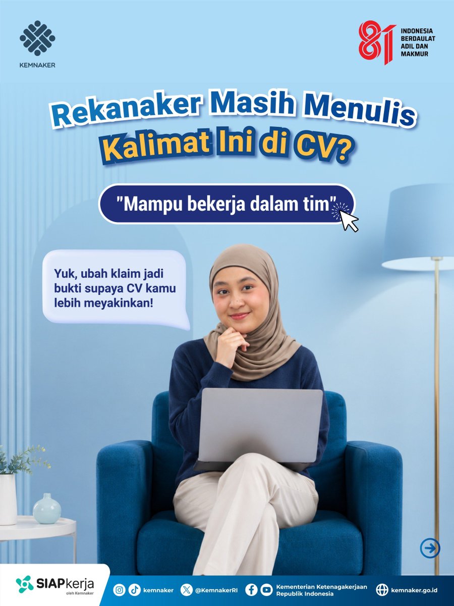 KemnakerRI's tweet photo. Rekanaker, masih suka nulis “mampu bekerja dalam tim” di CV?

Kalimatnya terdengar bagus, tapi bakal lebih meyakinkan kalau ada buktinya.

Yuk, cek infografik ini buat tahu cara mengubah klaim jadi pengalaman yang lebih konkret!

#Kemnaker https://t.co/5Ms5iKqWQo