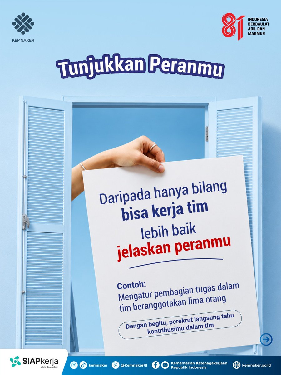 KemnakerRI's tweet photo. Rekanaker, masih suka nulis “mampu bekerja dalam tim” di CV?

Kalimatnya terdengar bagus, tapi bakal lebih meyakinkan kalau ada buktinya.

Yuk, cek infografik ini buat tahu cara mengubah klaim jadi pengalaman yang lebih konkret!

#Kemnaker https://t.co/5Ms5iKqWQo