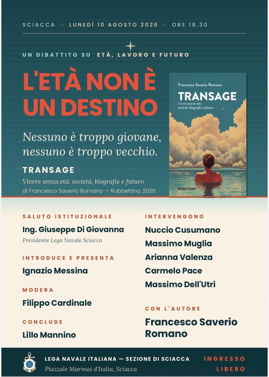 SaverioRomano's tweet photo. 📚 Lunedì a Sciacca parleremo del mio nuovo libro, “Transage. Vivere senza età: società, biografie e futuro”. Un appuntamento importante per riflettere su età, lavoro, generazioni e futuro. 🌱 Perché l’età non può essere un limite alle opportunità. https://t.co/Tir9DD438X