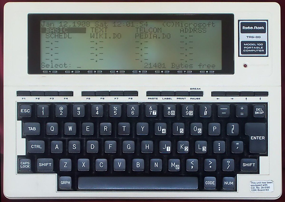 michaelmicasso2's tweet photo. TRS-80 Model 100, 1983. A word processor, a modem, and forty hours of battery life. https://t.co/dAWEbRu6ho