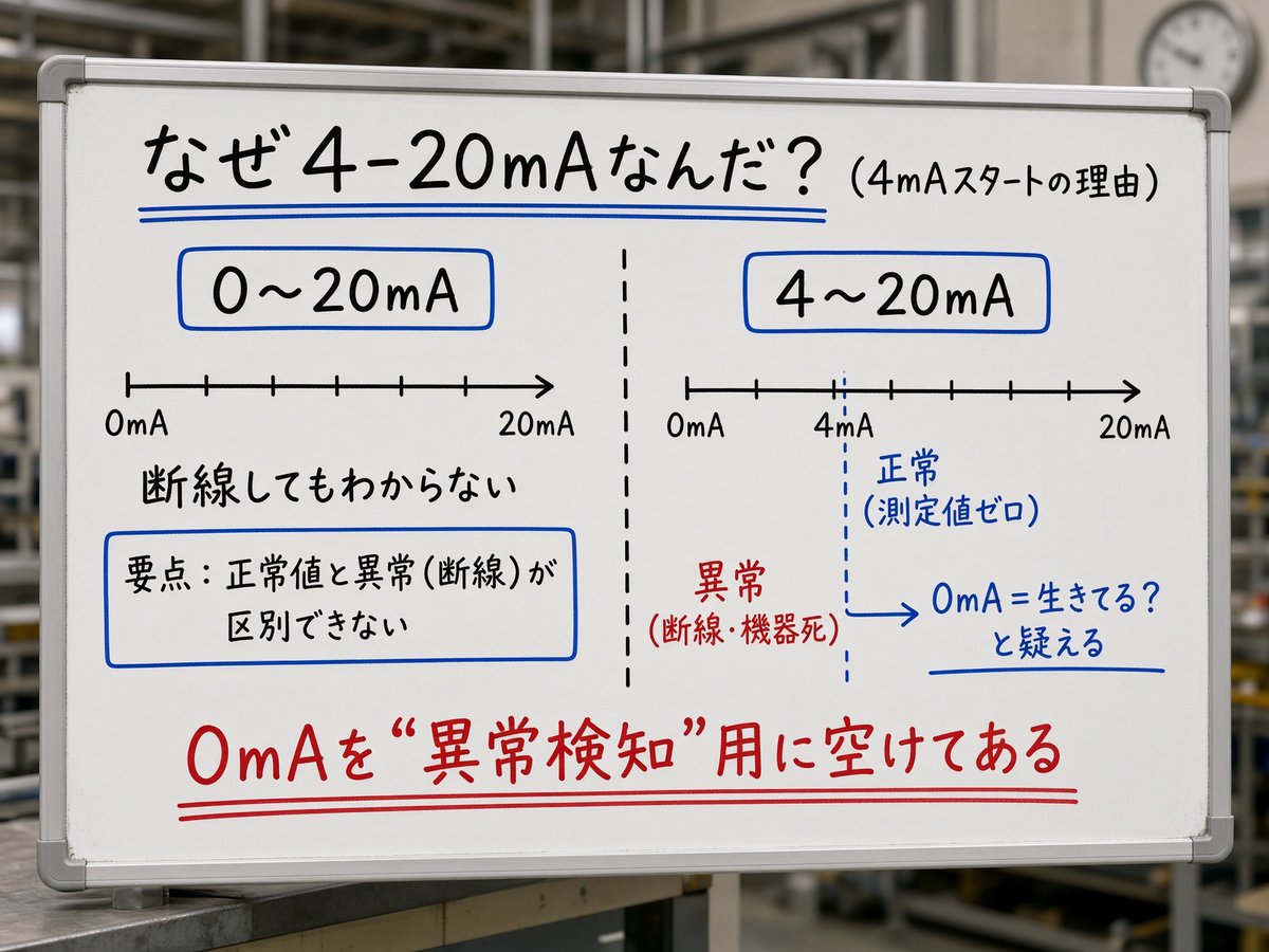 ryo_enjoy_life's tweet photo. 工場では、センサの測定値を「4〜20mA」という電流で送ることがある。

でもこれ、ちょっと変。

なぜ0〜20mAじゃなくて、
わざわざ4mAから始めるのか。

理由の一つは「0」を残しておきたいから。

例えば圧力ゼロなら4mA。
最大圧力なら20mA。

じゃあ0mAは？

「圧力ゼロ」ではなく、
「断線してない？」と疑える。

つまり、

4mA ＝ 何も測ってない
0mA ＝ そもそも生きてる？

“ゼロ”を測定値に使わず、
異常検知のために空けてある。

工場の「なんでこんな中途半端な数字？」には、だいたい理由がある。
