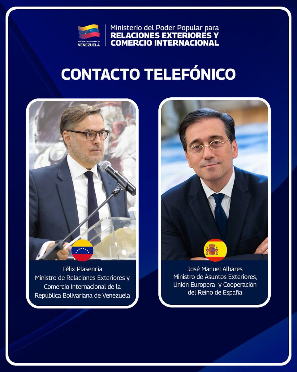 plasenciafelixr's tweet photo. Sostuve hoy una cordial y productiva llamada con el ministro de Asuntos Exteriores de España, José Manuel Albares, en la que abordamos asuntos bilaterales y oportunidades de cooperación. 

Venezuela agradece el espíritu de solidaridad y disposición del Gobierno de España para acompañar a nuestro país en esta etapa de reconstrucción tras los terremotos del 24 de junio.