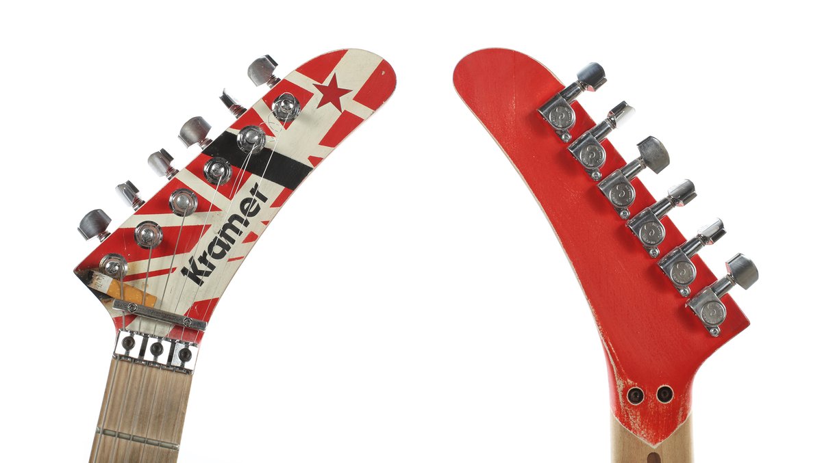 gguworld's tweet photo. A Kramer that Eddie Van Halen used in the studio, with his actual cigarette butts still wedged under the strings, just sold at auction for $170,000.

It was the first guitar his tech Zeke Clark ever built for him, from the 5150 era. https://t.co/xmQdUAZDYW