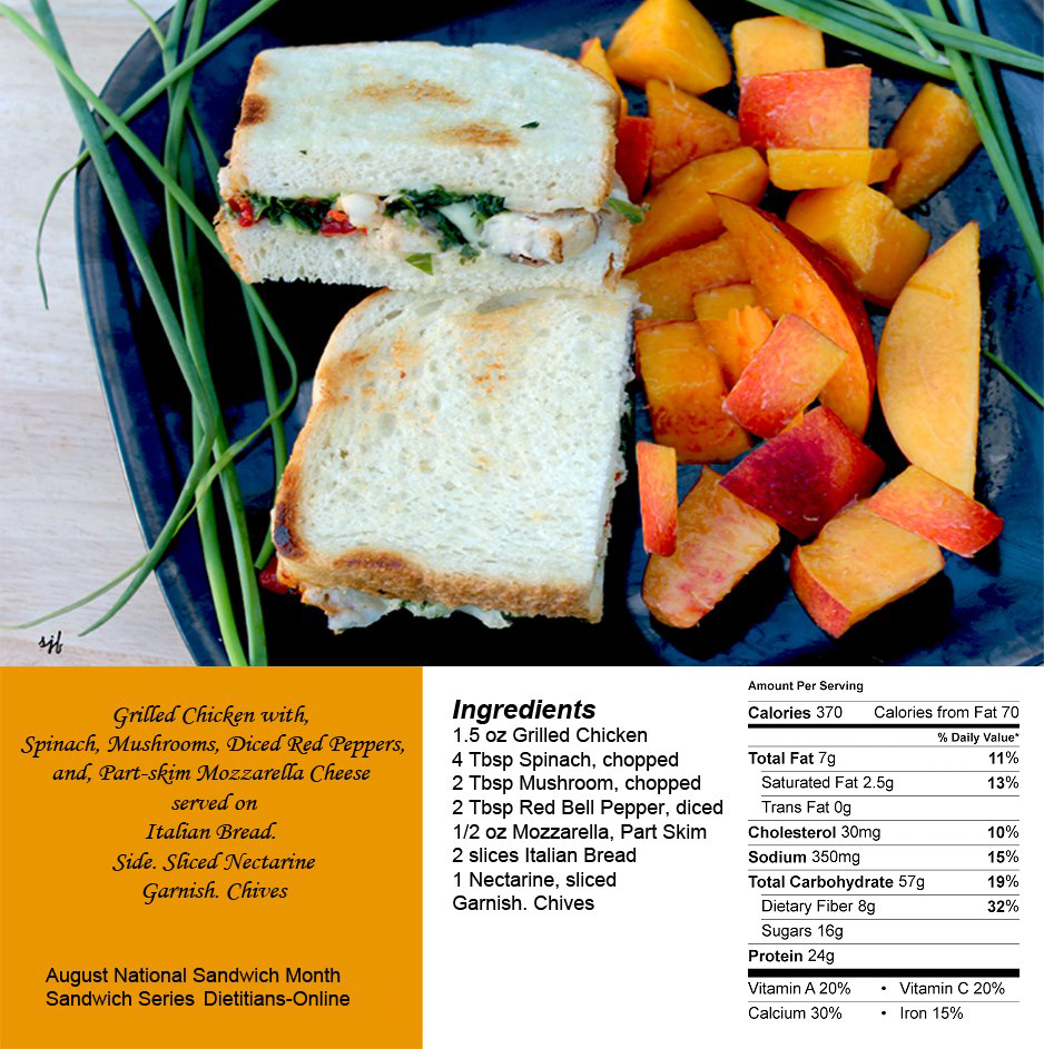 DietitianOnline's tweet photo. Today’s Sandwich. Grilled #Chicken, #Spinach, #Mushrooms, Diced Red Peppers, Part-skim Mozzarella Cheese. Serve #nectarine on the side. #chicken National #Sandwich Month - https://t.co/9bhs9Quy34