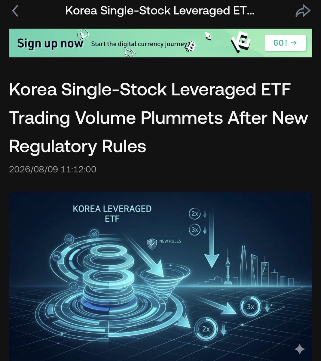 kshaughnessy2's tweet photo. 👀 👀 
See how fast the fake volume disappears when they actually have to play by the rules?

South Korea forces real cash + real settlement

Leveraged ETF volume collapses 90% overnight

“…The actions taken by the authorities highlight the delicate balance between fostering market participation and ensuring the stability of the financial system….

Data from the Korea Exchange showed that the combined trading volume of 16 leveraged and inverse ETFs tracking Samsung Electronics and SK Hynix fell from approximately 12.4 trillion won on the final day before the higher margin requirement to about 1.2 trillion won within two trading sessions. 

The largest product, the KODEX SK Hynix leveraged ETF, saw its volume decline from 3.6 trillion won to 422.6 billion won. 

This contraction represented roughly a 90 percent reduction and marked one of the sharpest liquidity shifts recorded in the Korean ETF market during 2026…”
@kucoincom
 
@Hamnakedshorts @FlyEaglesFly529