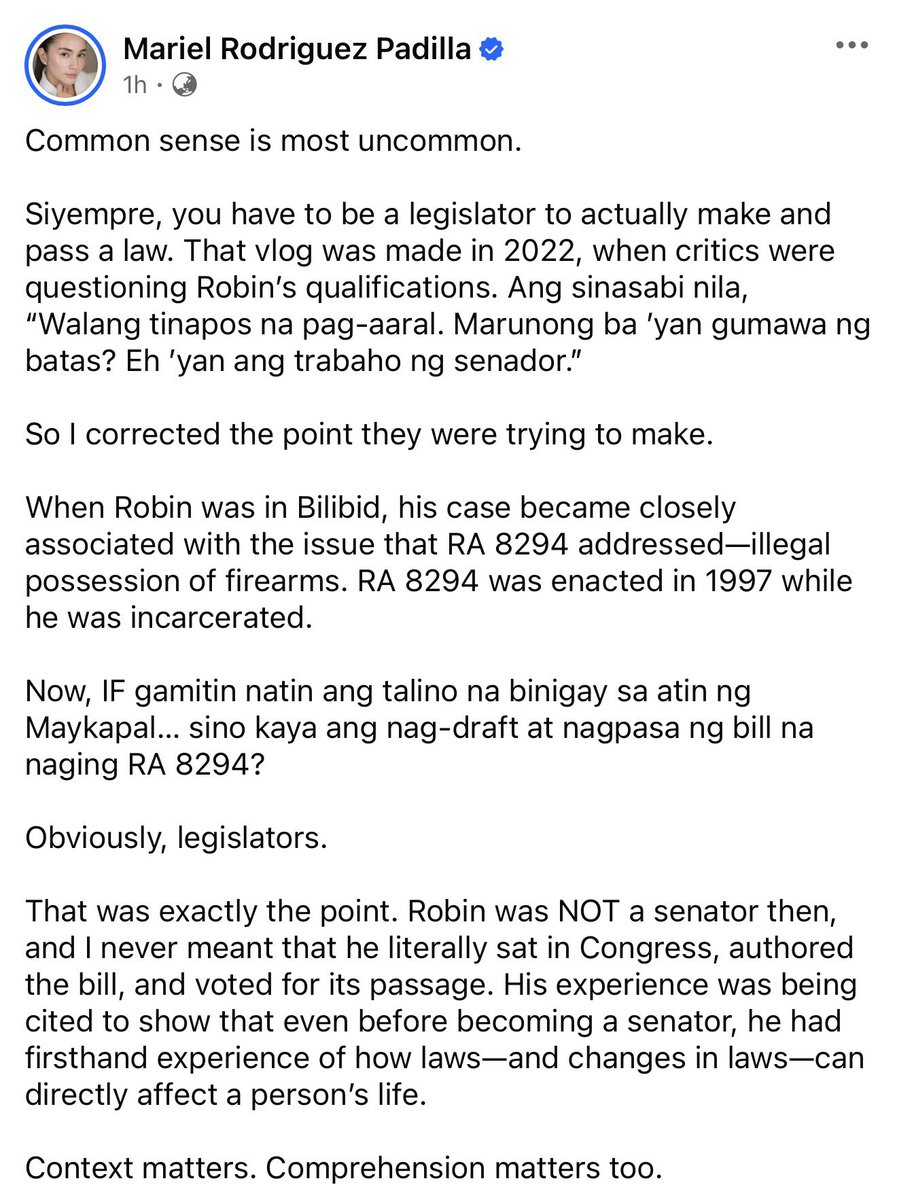 jesusfalcis's tweet photo. 🚨 OMG affected si Mariel Rodriguez-Padilla sa criticisms about her past video statement na nakapasa ng batas si Robin kahit hindi Senador.

Kung common sense pala yun, bakit hindi mo in-explain ng maayos nuon pa lang?

Tsaka alam namin na si Robin Padilla ang “inspiration” ng mga legislators or isa sa mga dahilan bakit naipasa ang RA 8294 or yung batas na nagpapababa ng penalty for illegal possession of firearms.

But what you view as “inspiration” eh we view as unethical lobbying and the power of special connections and privileges.

Aminin niyo ni Robin, kaya napasa yung batas na yun eh dahil kilala niya at kilala siya ni then Senator Ramon Revilla Sr.

At kahit sabihin ni Robin sa likod mo na more than 1,000 people benefited from the law, nothing will change the fact that behind the scenes the primary reason why Ramon Revilla Sr. sponsored and pushed for that law is to benefit Robin Padilla.

Dahil high profile ang case ni Robin.

Dahil well connected sa showbiz si Robin.

Dahil galing sa showbiz industry si Ramon Revilla Sr.

That is the same set of circumstance why Robin got a conditional pardon from Fidel V. Ramos and an absolute pardon from Rodrigo Duterte (which explains why diehard Duterte supporter si Robin).

Kaya nga nakatakbo for Senator si Robin eh dahil talagang pinush niyo makakuha ng absolute pardon from Rodrigo Duterte.

Dahil ang pangalan niya ay Robin Padilla.

Kung ibang tao yan, hindi yan papansinin. Hindi mai-inspire ang mga legislators at Presidente na magpasa ng batas or magbigay ng pardon basta-basta.

Kaya yung common sense na sinasabi mo Mariel, special privilege yan para sa mga tulad ni Robin Padilla.

Yuck!

😂

#RobinPadilla
#MarielRodriguezPadilla
