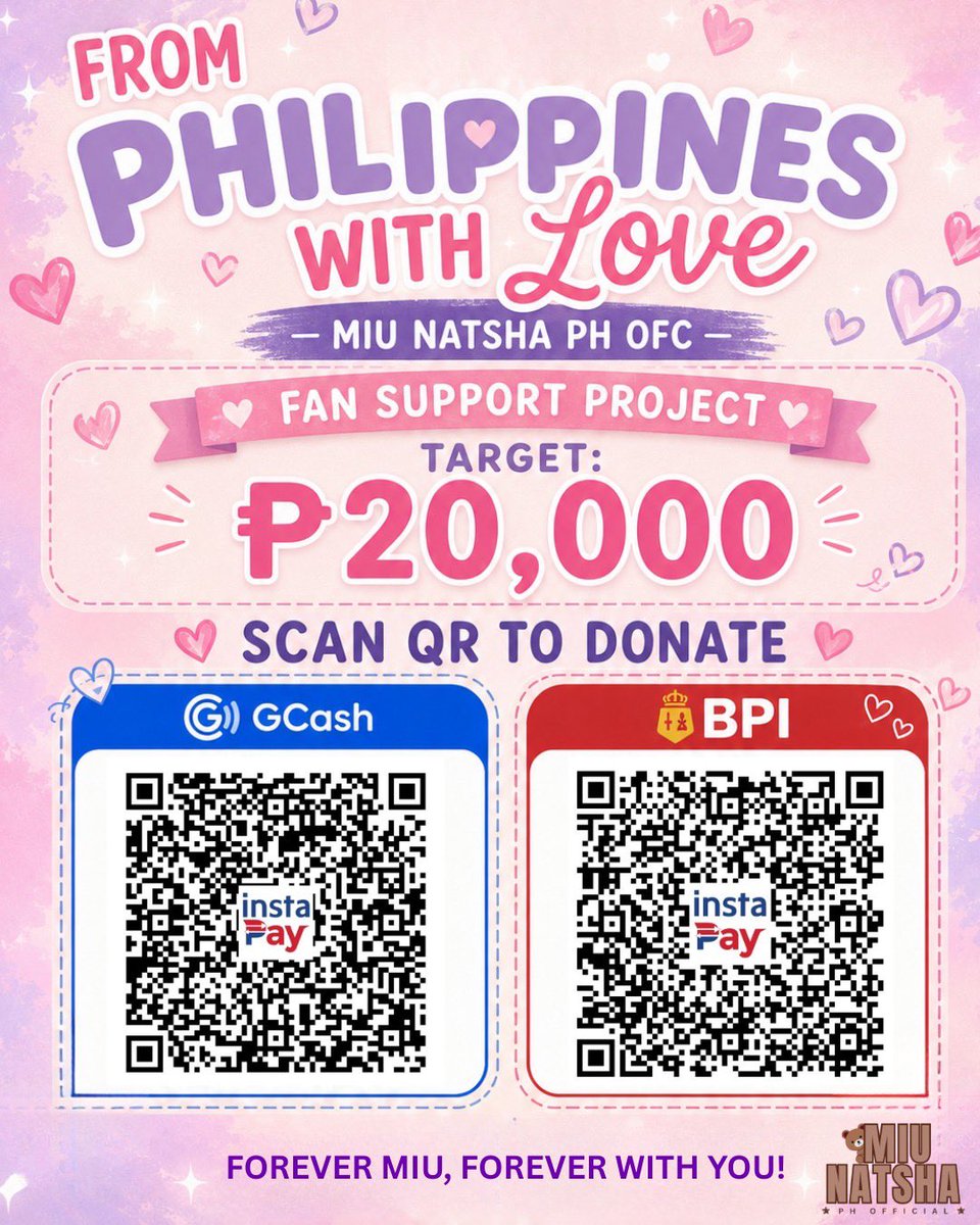 miunatshaphofc's tweet photo. 💗 'Forever Miu, Forever With You', MNPH Fan Project 💗

In support of our beloved Miu and Lena's upcoming series, Pls Love, we’re collaborating with fellow Filo FCs for two special projects:

✨ PROJECT 1: MBK LED Promotion
🛺 PROJECT 2: Tuk-Tuk Project

From the Philippines to Thailand, let’s show Miu & Lena how deeply they are loved 🇵🇭🇹🇭

We welcome any support—every donation, big or small, helps bring these projects to life 🫶🏻

📩 Scan the QR code or DM us for donation details.

Let’s make this moment unforgettable for our girls 💗

#MiuNatsha #หมิวณัชชา #LenaMiu #PlsLove