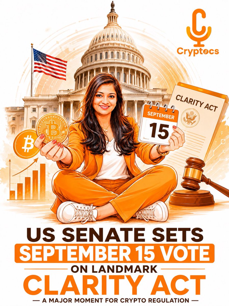 cryptocsindia's tweet photo. September 15 could be a big day for crypto.
The U.S. Senate is set for a key vote on the CLARITY Act a major step toward clearer rules for digital assets.
Not a final passage vote yet, but the message is clear: crypto regulation is moving.
#Crypto #CLARITYAct #Bitcoin #Regulation https://t.co/rZCtYq9f25