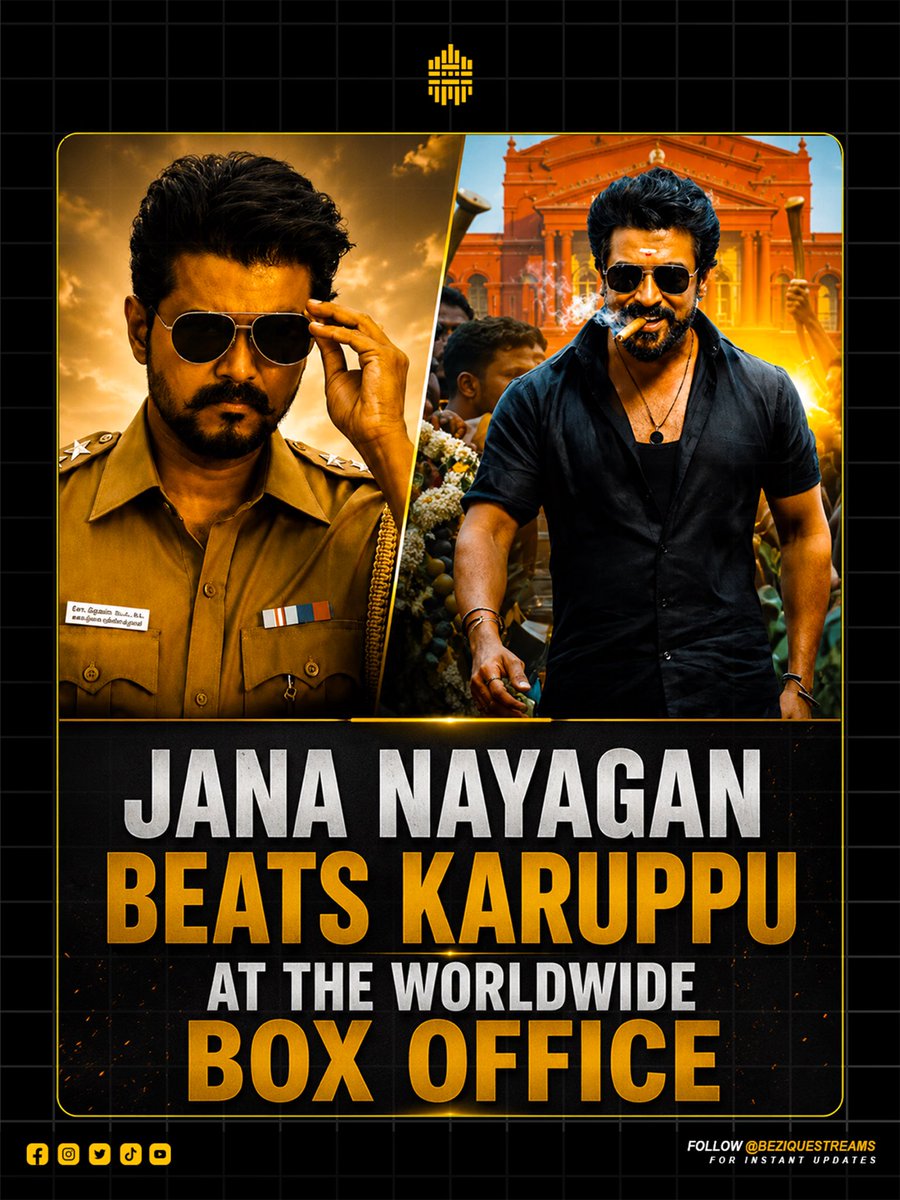 BeziqueStreams's tweet photo. Jana Nayagan has reportedly surpassed the final worldwide collection of Suriya’s Karuppu, emerging as the highest-grossing Kollywood film of 2026 so far.
#JanaNayagan #Vijay #ThalapathyVijay #Karuppu #Suriya #Kollywood #TamilCinema #BoxOffice #BeziqueStreams https://t.co/ssN1kLA3lq