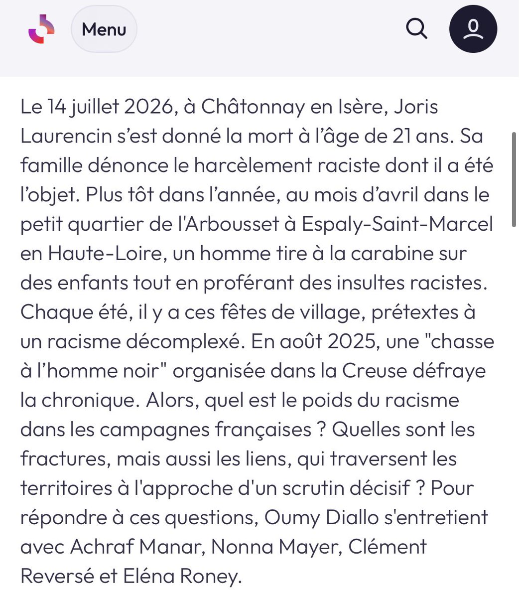 AlerteMediasFR's tweet photo. ❗️SAISIE ARCOM

Quelle émission honteuse !
La radio de service public FRANCE CULTURE a consacré ce dimanche à 12h45 une émission entièrement à charge contre les Français vivant en territoires ruraux "les campagnards" (sic) où régneraient le racisme et la xénophobie 

Tous les invités de l’animatrice Oumy Diallo sont allés dans ce sens :
Achraf Manar, Militant, acteur culturel et co-fondateur de l’association “Destins liés : 
"Le racisme c’est dans tout le cercle social, c’est tout le temps"
"L’Etat nourrit les structures racistes"
Nonna Mayer, Chercheuse en science politique, spécialiste de sociologie électorale et de l’extrême droite : 
"C’est lié à l’essor du RN le parti le + xénophobe et qui encourage les propos racistes"
"L’existence du racisme systémique en France est indéniable" 
Clément Reversé auteur d’une enquête sur les "cassos" dans les campagnes 
et Eléna Roney, journaliste de Street Press média d’extrême gauche 

Le service public a de nouveau organisé un "débat" à sens unique et sans AUCUNE contradiction sur un sujet prêtant à controverse, ne remplissant absolument pas sa mission de service public

Comment le service public peut être pris ainsi en otage par un camp politique ?

Si vous souhaitez que l'ARCOM intervienne et mette en garde FRANCE CULTURE pour ce manque total de pluralisme dans le traitement de l’information, nous vous indiquons la procédure :

Voici le lien de signalement ARCOM

https://t.co/BuG6vQ0dpR

puis vous saisissez 
Radio : FRANCE CULTURE
Date : 9 août 2026
Horaire de la séquence : 12h45
Programme : LE MAGAZINE DU WEEK-END

puis "le programme était inapproprié ..."
puis "conditions de traitement de l’information"
puis "Manque d’honnêteté et de rigueur"

Voici ce qu'il faut déclarer (faites un copier/coller) : 
"Ce dimanche à 12h45, FRANCE CULTURE a organisé un débat sur le racisme en France dans les territoires ruraux avec 4 invités sans aucune contradiction allant tous dans le même sens : le racisme et la xénophobie règnent dans les territoires ruraux français 

L’ éditeur de service public a l’obligation d’assurer l’expression pluraliste des courants de pensée et d’opinion ainsi que des différents points de vue sur des sujets prêtant à controverse

La présentatrice n’a apporté aucune nuance, ni contradiction 

L’éditeur a pour obligation de faire preuve d’honnêteté et de rigueur dans la présentation et le traitement l’information"

Puis vous indiquer votre nom, prénom et email 
L’ARCOM vous demandera de valider votre saisine sur votre adresse email…
Et le tour est joué !

Cela ne vous prendra même pas 2 minutes 😉