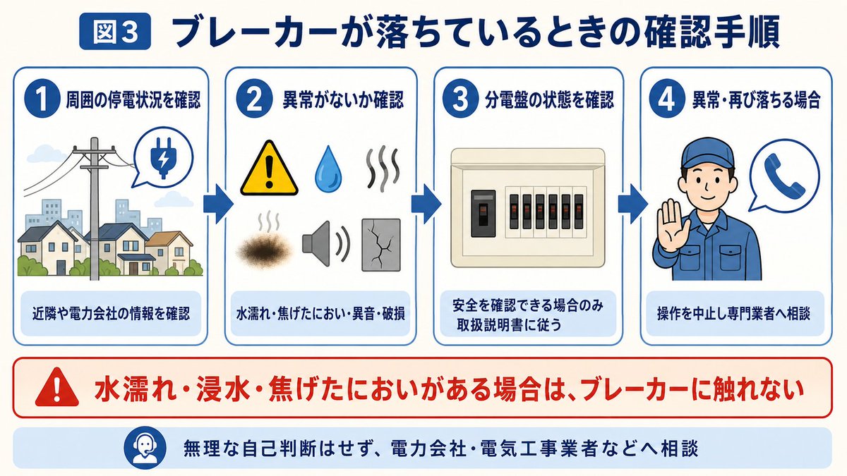 sendai_recan's tweet photo. 停電が復旧しても、すぐにすべての家電を動かしてよいとは限りません。

ブレーカー・冷蔵庫・エアコンなど、復電後の安全な確認手順をまとめました👇️

https://t.co/yUMACQWSXn

#停電 #防災 #ポータブル電源 #地震 #台風 https://t.co/cSmFX7PXFa