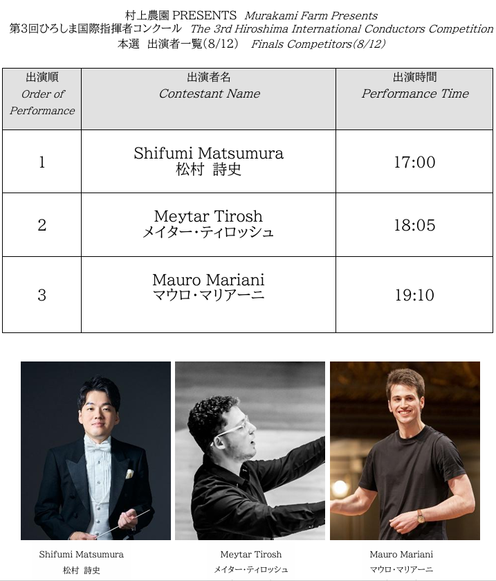 hiroshimafest's tweet photo. #第３回ひろしま国際指揮者コンクール
二次予選通過者＆本選（ファイナルコンサート）出演順発表🎼🕊

#ひろしま国際指揮者コンクール #ConductingCompetition #ひろしま国際平和文化祭 #ひろフェス #広島 #Hiroshima #平和 #Peace #指揮者 #Conductor #クラシック音楽 #ClassicalMusic https://t.co/ivWELpbmZ6