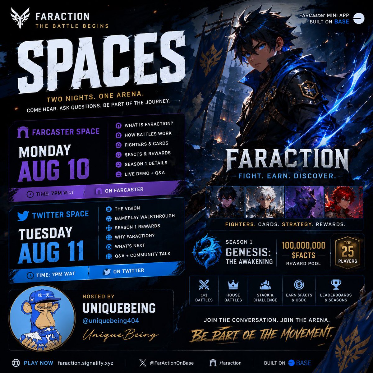FaractionOnBase's tweet photo. ⚔️ FarAction is taking the conversation to the air.

We’re hosting two spaces this week:

🟣 Monday, August 10 — Farcaster Space
���️ Hosted by @uniquebeing404

𝕏 Tuesday, August 11 — X Space
🎙️ Hosted by @uniquebeing404

Actioneers, this one is for you. ⚔️ https://t.co/zC4ihxf3kd