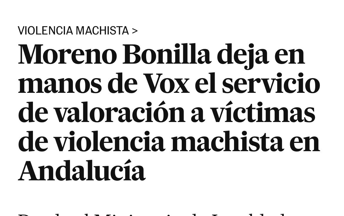 _PabloFdez_'s tweet photo. Moreno Bonilla deja en manos de VOX el servicio de valoración a víctimas de violencia machista. VOX niega la existencia de la violencia machista. Es una absoluta ignominia para las mujeres andaluzas. VERGÜENZA.

Moreno Bonilla es a la moderación lo que Ayuso a la sinceridad. https://t.co/532Njc5Od6