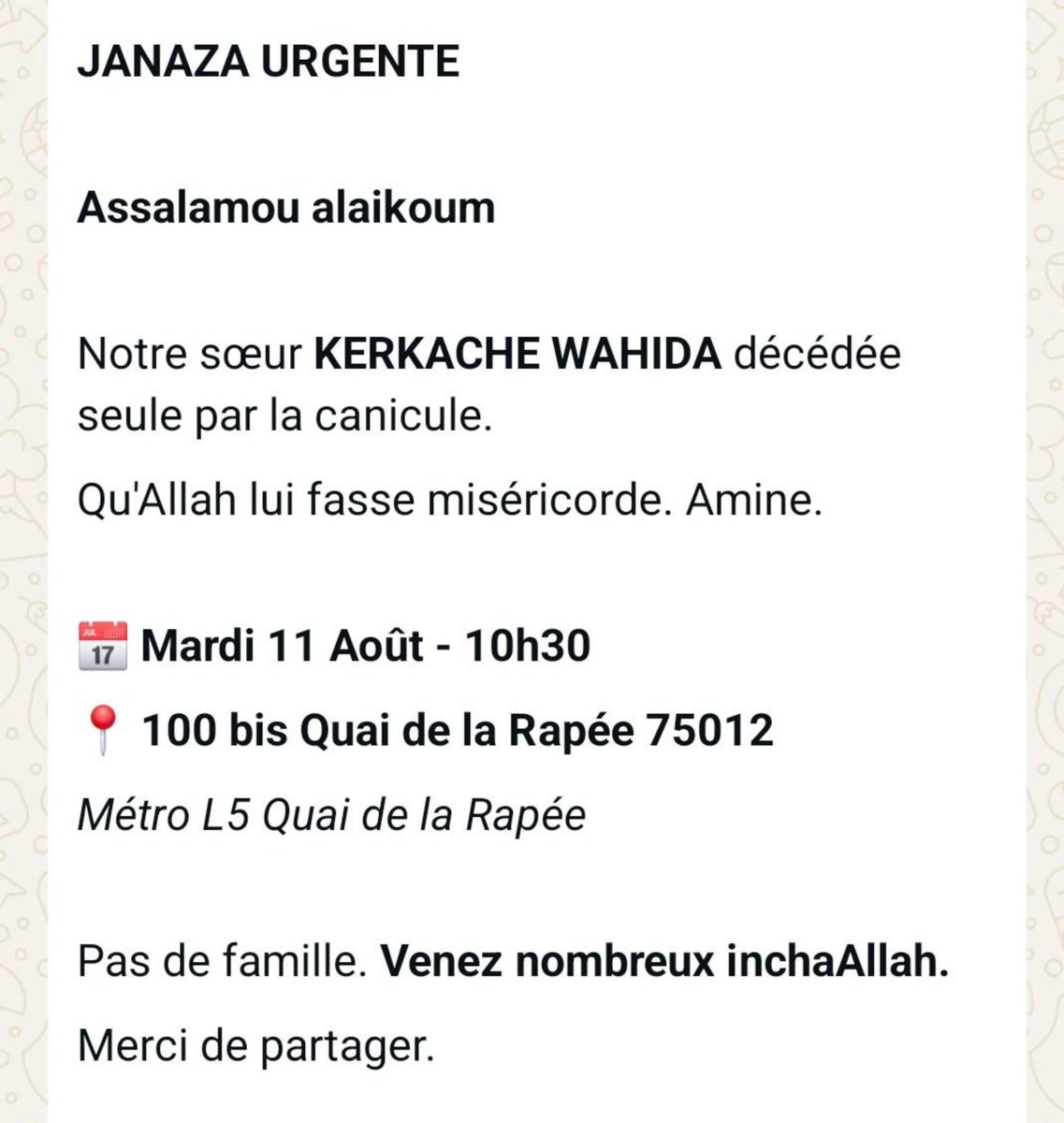g4mberge2zinzin's tweet photo. 🚨Pour les frères et sœurs d' IDF🚨 

Une sœur est décédée seule, sans famille à ses côtés. 

La salât al-janâza aura lieu ce mardi. 

Si vous pouvez vous déplacer pour être présents et prier pour elle, ce serait une belle manière de lui témoigner notre soutien https://t.co/ETaoVglznc