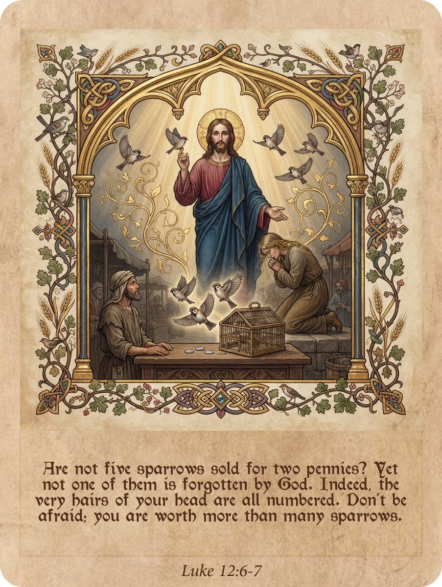 bigbirdart's tweet photo. Verse of the day: Luke 12:6-7 
Are not five sparrows sold for two pennies? Yet not one of them is forgotten by God. Indeed, the very hairs of your head are all numbered. Don’t be afraid; you are worth more than many sparrows. https://t.co/ob6O4uaW0Q