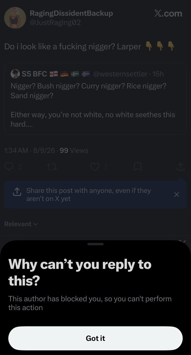 westernsettler's tweet photo. Yeah when someone exposes you for being a fake bot account, you block them 🤡 

Pussy, at least argue with me properly, instead of running away.

If anyone can get a hold of @IfindRetards or @InsaneFrog 

Tell them I found a super coping retard https://t.co/1UAlvyh830