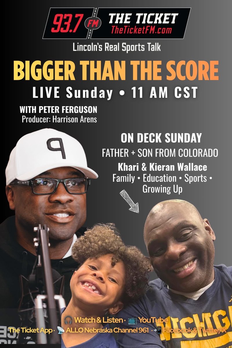PeteFergusonBHS's tweet photo. This Sunday @937TheTicket Bigger Than the Score goes beyond the 402 with a conversation that hits home everywhere.

Colorado educator, coach, husband and father @kharismoke joins us with his son Kieran for a timely back-to-school conversation—from both sides of the journey.

Different state. Different experiences. Universal conversation.

Educators. Parents. Coaches. K–12. College. Empty nesters. Anyone invested in young people or simply in becoming better for the people around them there’s something in this hour for you.

🎙️ Bigger Than the Score
📅 Sunday | 11 AM–Noon CST
📻 93.7 The Ticket
📺 YouTube • Facebook/X • The Ticket App • @AlloFiber 961