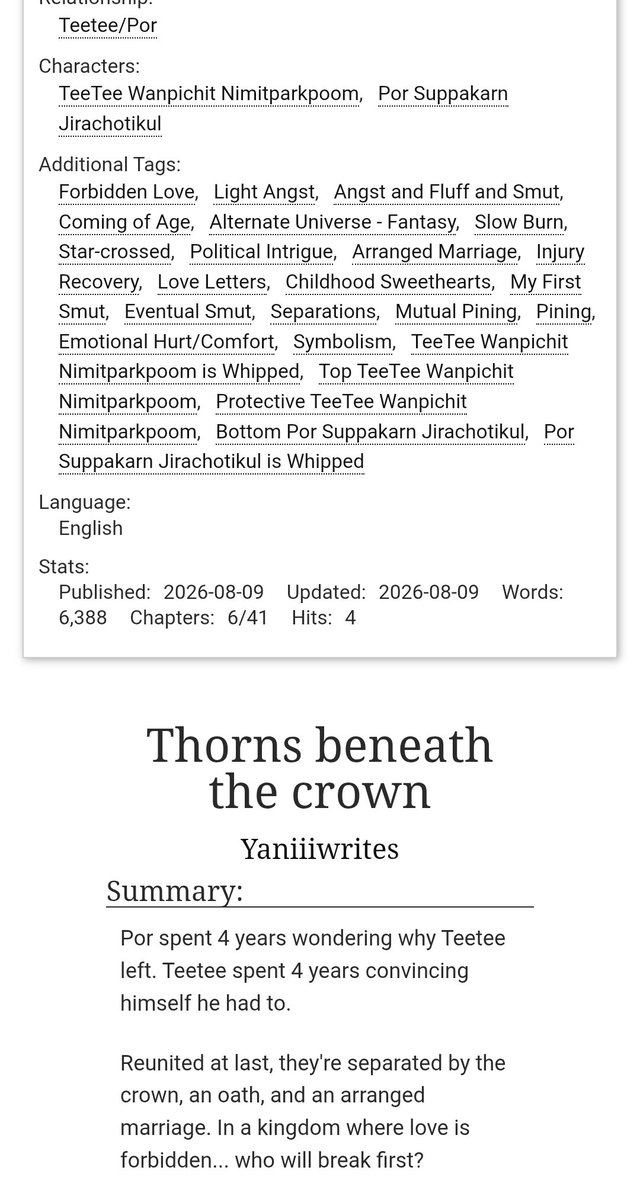 Yaniillaaa's tweet photo. A #Teeteepor #AU

｡89k words
｡fluff and angst and smut.

Four years apart. Now reunited, Por belongs to the crown, Teetee to his oath, and an arranged marriage stands between them. In a kingdom where love is forbidden… who will break first?

🔗:https://t.co/TrIJyJMdTF https://t.co/upqc1sThF2