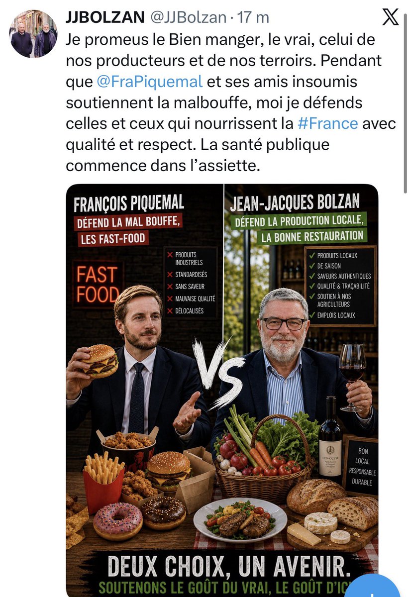 FraPiquemal's tweet photo. Un été dans la lignée de sa médiocrité pour la droite toulousaine. 

Après les fausses polémiques sur les mariages, la reprise des fake news de la fachosphere, c’est au tour de M. Bolzan de s’illustrer sur la malbouffe. 

Le même qui soutient la loi Duplomb… https://t.co/CdN07brSdR