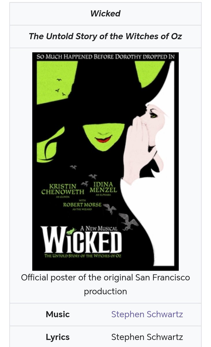 SylvainTristanX's tweet photo. WICKED. La comédie musicale #Wicked de 2003 a été composée et écrite par Stephen #Schwartz (= "Couronne noire"). Ce n'est pas un hasard : les artistes sont choisis pour leur NOM et pour remplir une mission. Rien n'est laissé au hasard. https://t.co/3y42VTkTlH