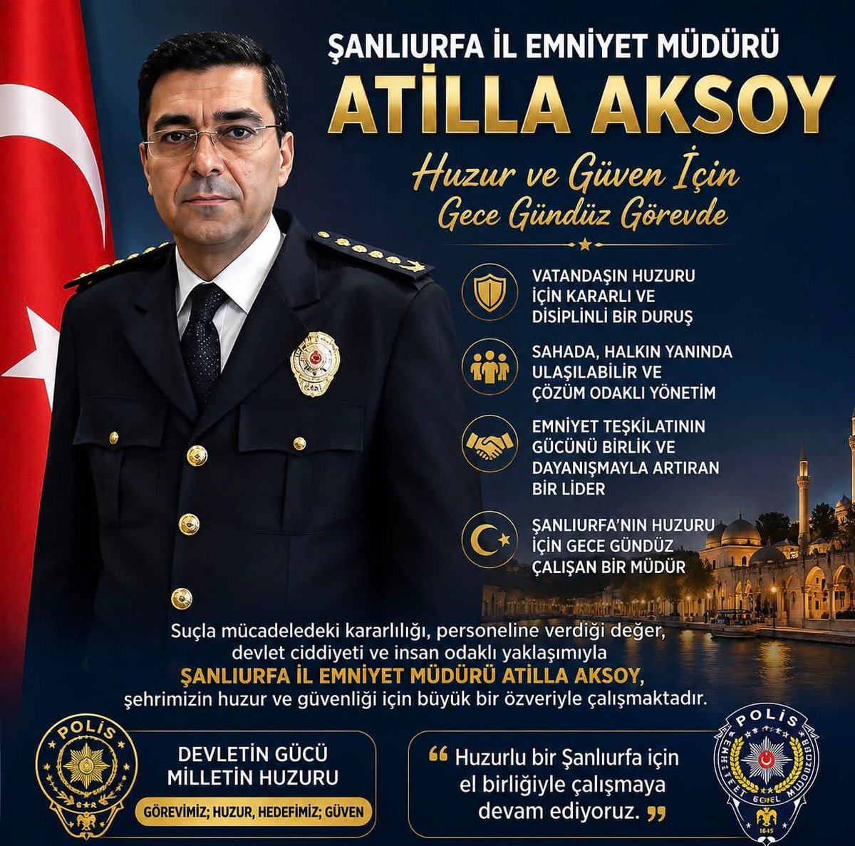 Huseyindag063's tweet photo. Şanlıurfa Emniyet Müdürümüz Sayın Atilla Aksoy.ya, şehrimizin huzur ve güvenliği için gösterdiği özverili çalışmalarından dolayı teşekkür ediyoruz.
Huzurlu Şanlıurfa, güvenli gelecek.
@SanliurfaEmnMd 
@RTErdogan 
@TC_icisleri https://t.co/mUxDkxnLbE