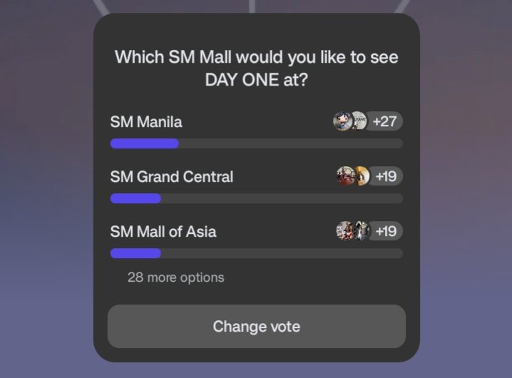 dayonee_global's tweet photo. Hello Day One fans, which SM Mall would you like to see DAY ONE at? 

Here are the Top 3 SM malls that topped our poll in the DAY ONE GC:

You can still join our groupchat, just click the link below:
https://t.co/NavU7BrRJU

#DAYONE #DAYONEph https://t.co/EWk05q14Um