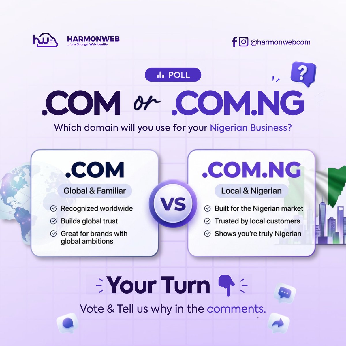 harmonwebcom's tweet photo. .com or .com.ng, which one are you flying for your business? 🤔

Vote below 👇 and drop your reason in the comments.

#ForAStrongerWebIdentity #HarmonWeb https://t.co/WJRiDnBKa0
