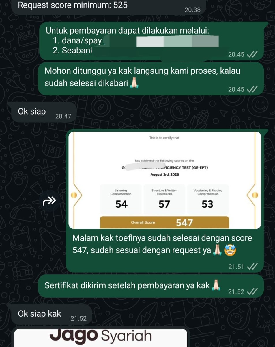 amaryliscx_'s tweet photo. Hi, joki toefl open yaa start 85k bisa untuk daftar cpns, bumn, syarat sidang s1 s2, kai, dan daftar kerja lainnya🙌🏻.  Bisa terima jadi termasuk sertifikat, sertifikat ada barcode yg bisa discan untuk cek validalitas 🫶🏻 payment di akhirr.
Order by whatsApp nomor di bio📩📩 https://t.co/2Nd5ARfoPY