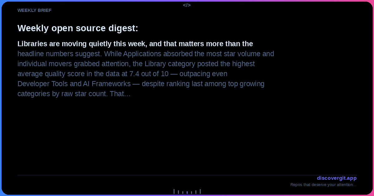 DiscoverGit's tweet photo. WEEKLY BRIEF

Libraries are moving quietly this week, and that matters more than the headline numbers suggest. While Applications absorbed the most star volume and individual movers grabbed attention, the Library c…

#OpenSource #GitHub #WeeklyDigest

https://t.co/8R9IWbDl37 https://t.co/TCw0isYH2h