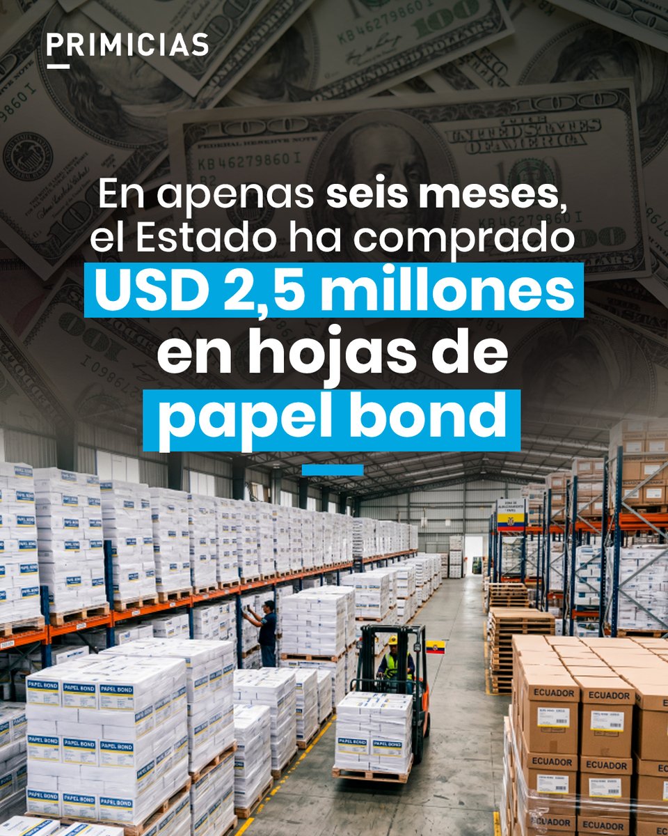 Primicias's tweet photo. La categoría más recurrente en las compras públicas en Ecuador es la de suministros de oficina. Solo entre enero y junio de 2026, hubo 2.435 órdenes de compra de miles resmas de papel bond. https://t.co/9ZBxHsQV61 https://t.co/72H7qpqL7P